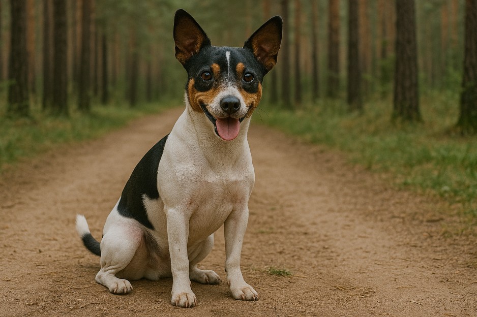 Teddy Roosevelt Terrier with a tricolor coat of black, white, and tan sitting on a dirt trail in a forest, looking alert and cheerful with its tongue out.