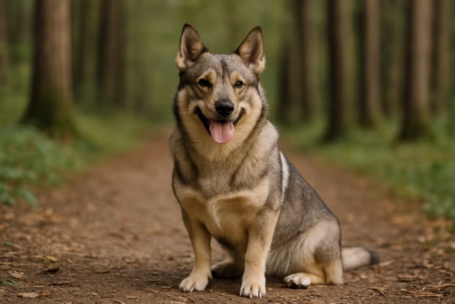 Swedish Vallhund with a gray and tan coat sitting on a dirt trail in a forest, looking alert and cheerful with its tongue out and upright ears.