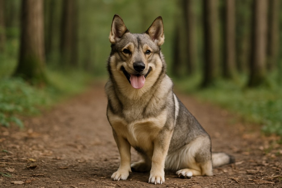 Swedish Vallhund with a gray and tan coat sitting on a dirt trail in a forest, looking alert and cheerful with its tongue out and upright ears.