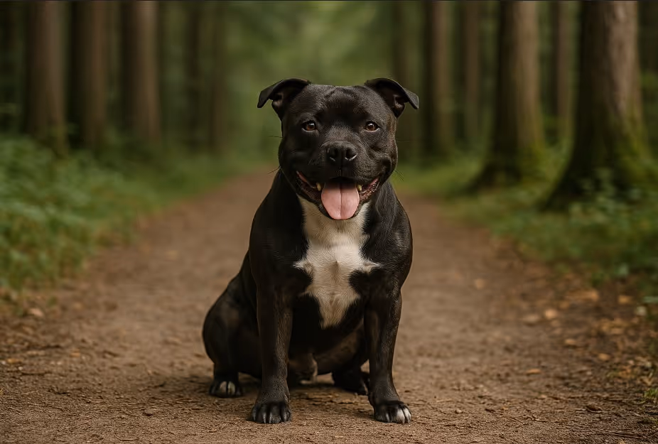 Staffordshire Bull Terrier with a muscular build and black-and-white coat sitting on a dirt trail in a forest, looking friendly with its tongue out.