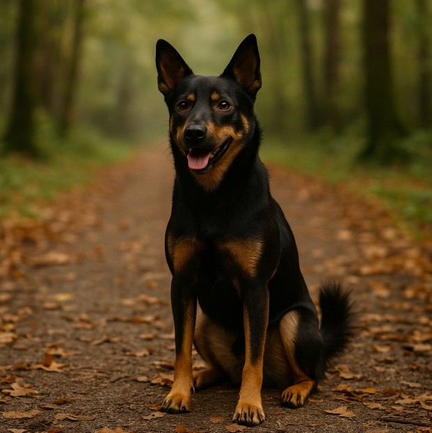 Taiwan Dog with a sleek black and tan coat sitting on a forest path covered in autumn leaves, looking alert and friendly with upright ears.