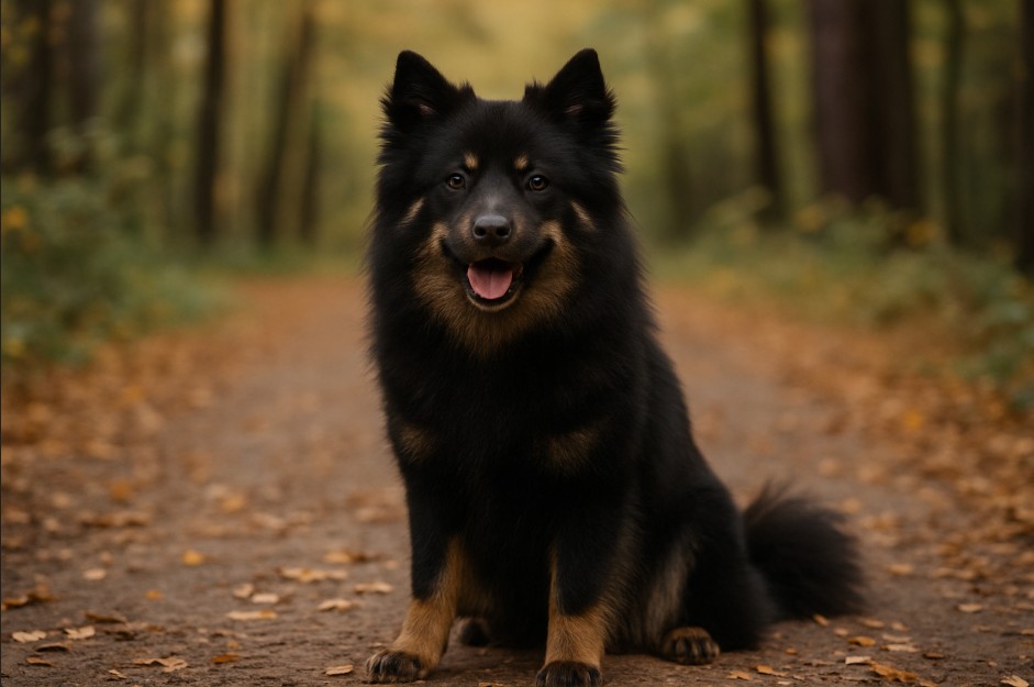 Swedish Lapphund with a thick black and tan coat sitting on a dirt trail covered in autumn leaves, looking cheerful with its mouth open and ears upright.