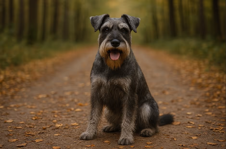 Standard Schnauzer with a wiry salt-and-pepper coat sitting on a dirt trail covered in autumn leaves, looking alert with its tongue out.