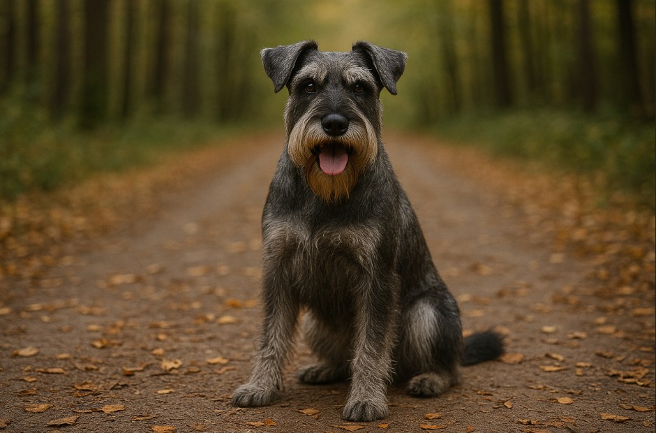 Standard Schnauzer with a wiry salt-and-pepper coat sitting on a dirt trail covered in autumn leaves, looking alert with its tongue out.