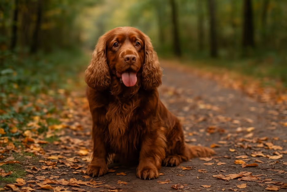Sussex Spaniel with a rich reddish-brown coat sitting on a dirt trail covered in autumn leaves, looking gentle with its tongue out and long, wavy ears.