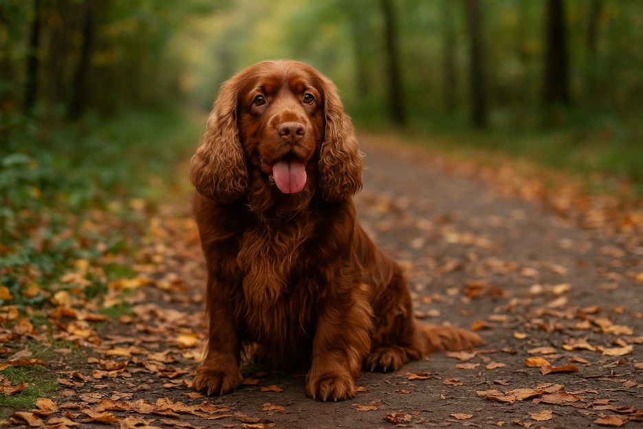 Sussex Spaniel with a rich reddish-brown coat sitting on a dirt trail covered in autumn leaves, looking gentle with its tongue out and long, wavy ears.