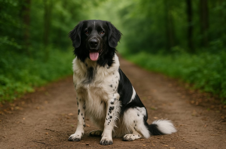Stabyhoun with a black and white coat sitting on a dirt trail in a forest, looking alert and friendly with its tongue out.