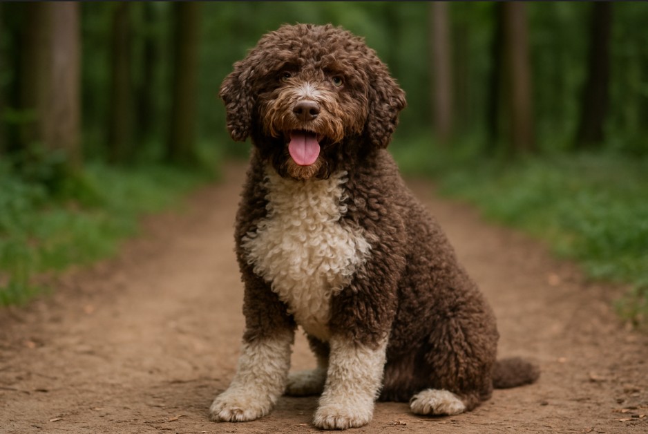 Spanish Water Dog with a curly brown and white coat sitting on a dirt trail in a forest, looking cheerful with its tongue out.
