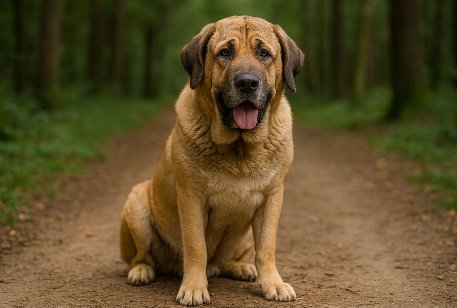 Spanish Mastiff with a large, muscular build and fawn-colored coat sitting on a dirt trail in a forest, looking calm with its tongue out.