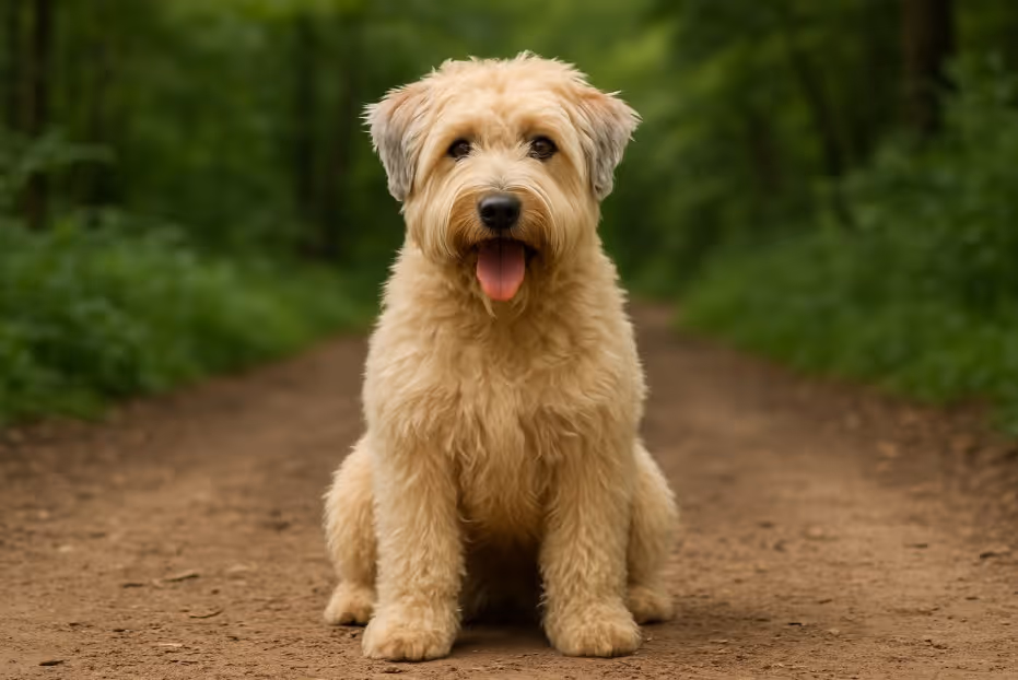 Soft Coated Wheaten Terrier with a wavy cream-colored coat sitting on a dirt trail in a forest, looking cheerful with its tongue out.