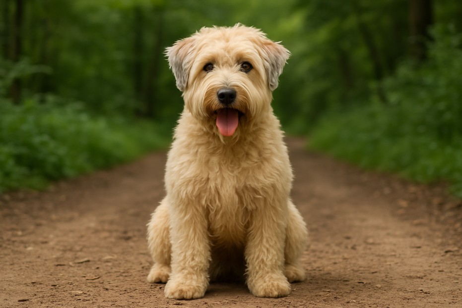 Soft Coated Wheaten Terrier with a wavy cream-colored coat sitting on a dirt trail in a forest, looking cheerful with its tongue out.