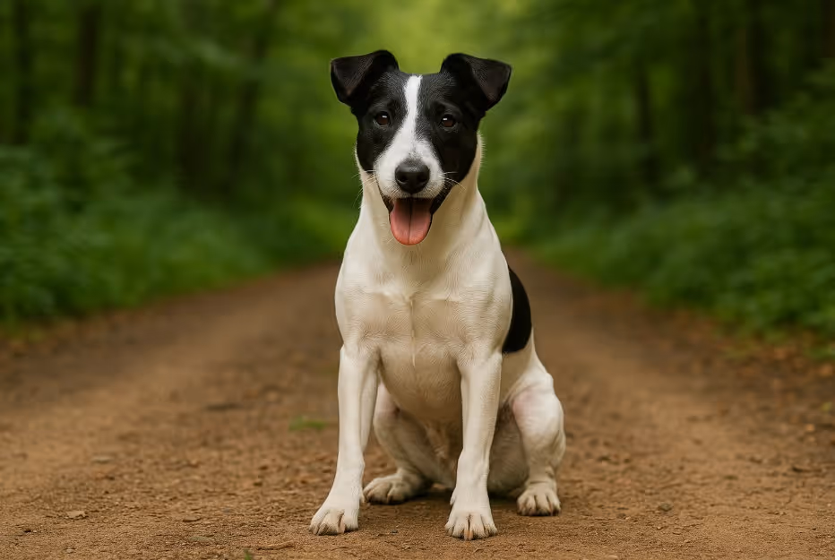Smooth Fox Terrier with a white coat and black markings sitting on a dirt trail in a forest, looking cheerful with its tongue out and ears perked.