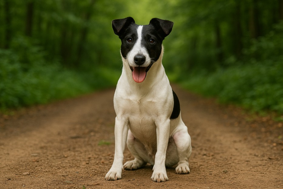 Smooth Fox Terrier with a white coat and black markings sitting on a dirt trail in a forest, looking cheerful with its tongue out and ears perked.