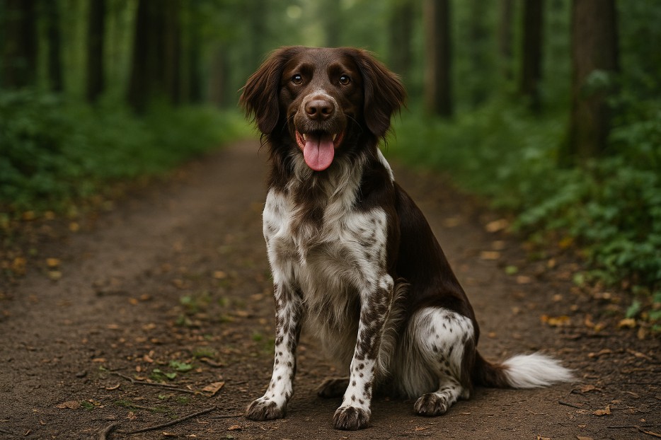 Small Munsterlander Pointer with a liver brown and white coat sitting on a dirt trail in a forest, looking alert and friendly with its tongue out.