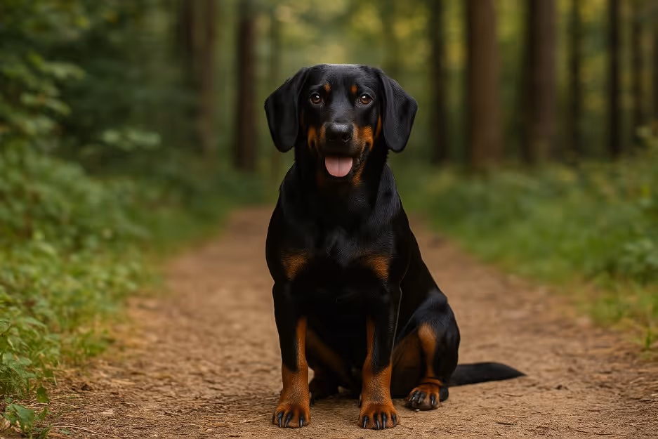 Slovensky Kopov with a sleek black coat and tan markings sitting on a dirt trail in a forest, looking alert and friendly with its tongue out.