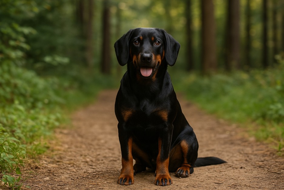 Slovensky Kopov with a sleek black coat and tan markings sitting on a dirt trail in a forest, looking alert and friendly with its tongue out.
