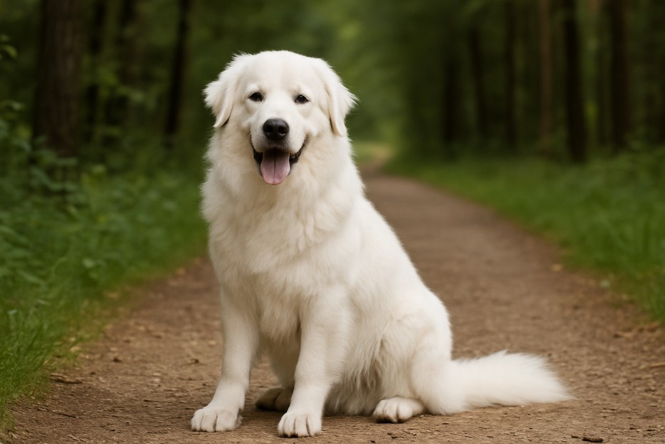 Slovensky Cuvac with a thick white coat sitting on a dirt trail in a forest, looking friendly with its tongue out and dark eyes contrasting its fur.