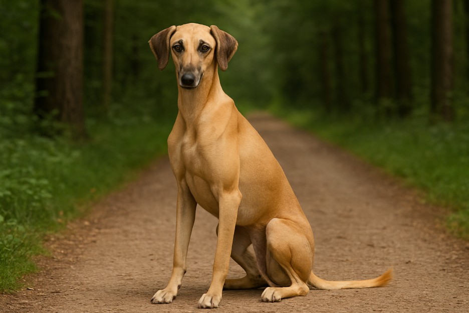 Sloughi with a slender build and fawn coat sitting on a dirt trail in a forest, looking poised and alert with its long legs and graceful posture.