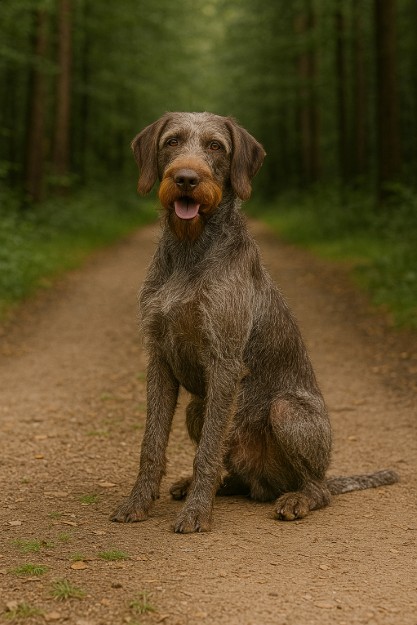 Slovakian Wirehaired Pointer with a dense, wiry gray-brown coat sitting on a dirt trail in a forest, looking alert and friendly with its tongue out.