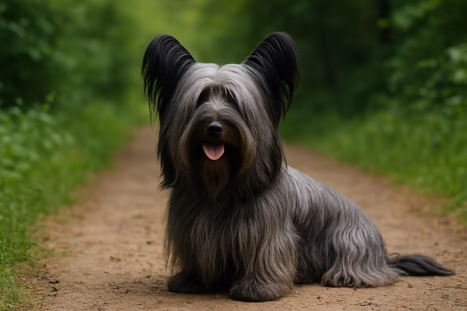 Skye Terrier with a long, flowing gray coat and large upright ears sitting on a dirt trail in a forest, looking calm and friendly with its tongue out.