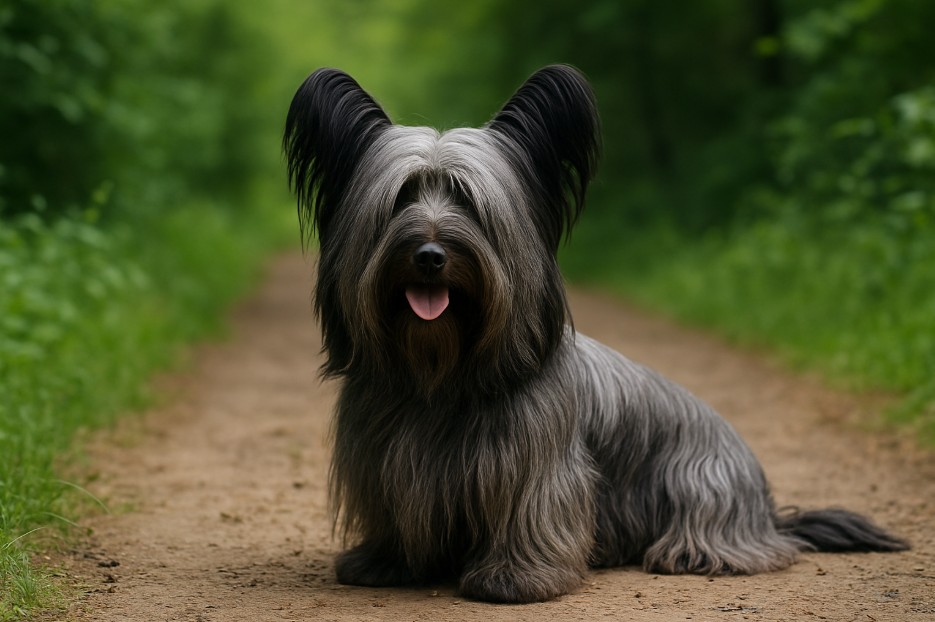 Skye Terrier with a long, flowing gray coat and large upright ears sitting on a dirt trail in a forest, looking calm and friendly with its tongue out.
