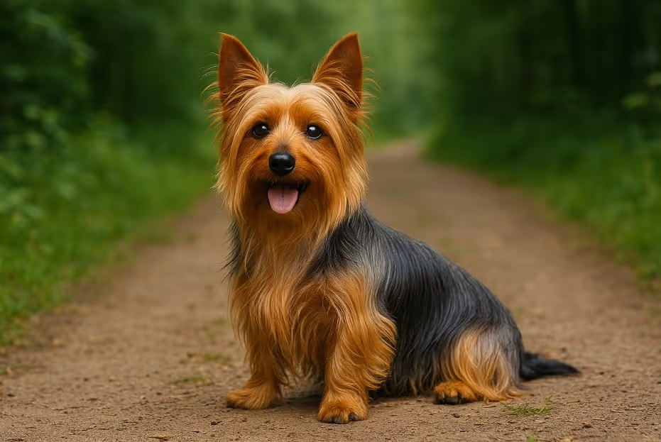 Silky Terrier with a silky blue-gray and tan coat sitting on a dirt trail in a forest, looking alert and cheerful with its tongue out and ears upright.