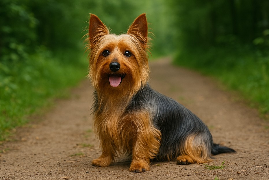 Silky Terrier with a silky blue-gray and tan coat sitting on a dirt trail in a forest, looking alert and cheerful with its tongue out and ears upright.