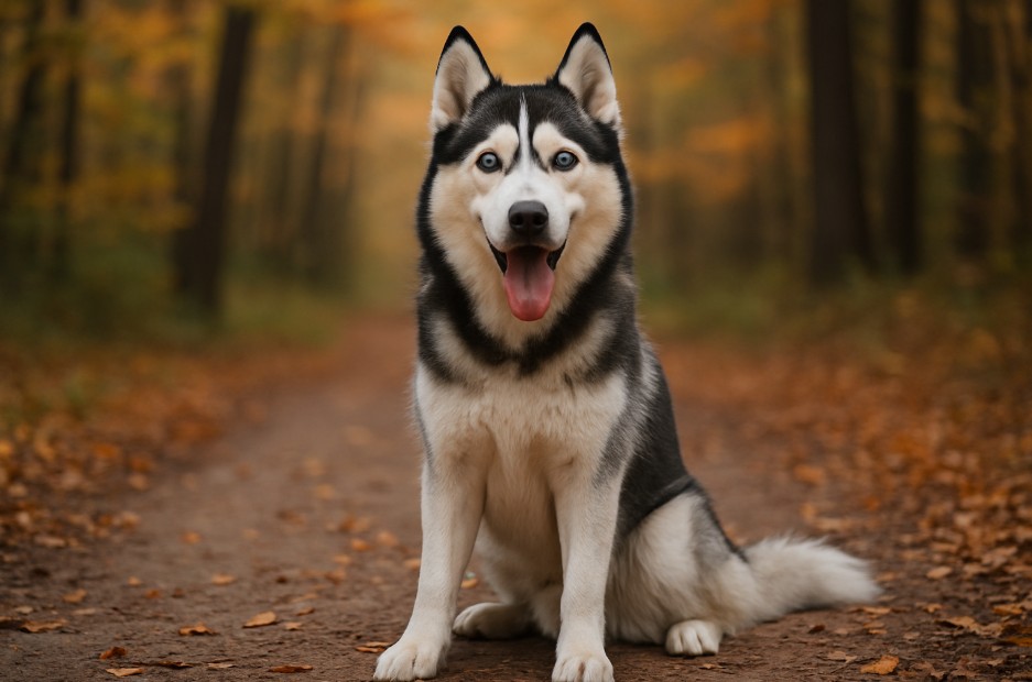 Siberian Husky with a black and white coat and blue eyes sitting on a dirt trail covered in autumn leaves, looking alert and cheerful with its tongue out.