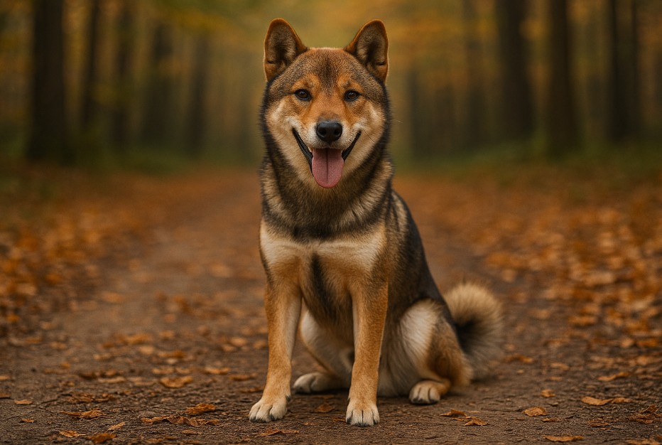 Shikoku with a thick sesame-colored coat sitting on a dirt trail covered in autumn leaves, looking alert and cheerful with its tongue out and curled tail.