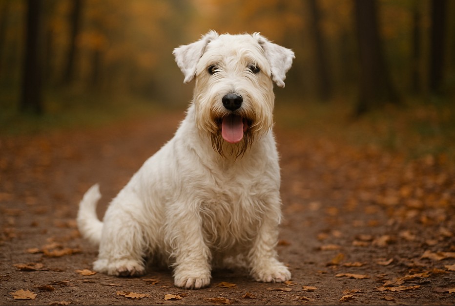 Sealyham Terrier with a shaggy white coat sitting on a dirt trail covered in autumn leaves, looking cheerful with its tongue out and floppy ears.