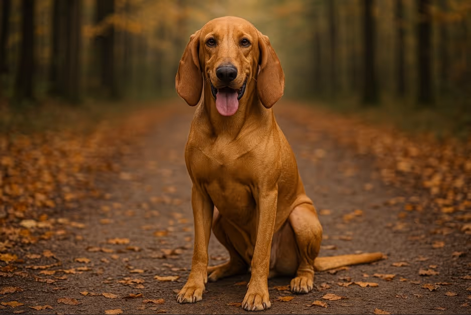 Segugio Italiano with a sleek tan coat sitting on a dirt trail covered in autumn leaves, looking alert and friendly with its tongue out.