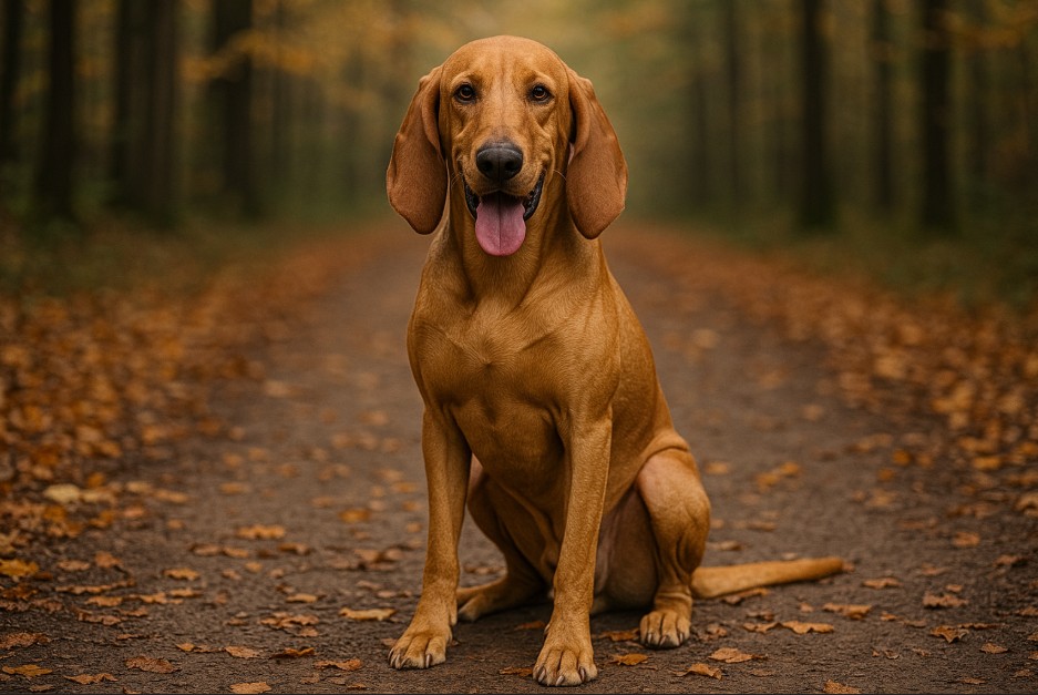 Segugio Italiano with a sleek tan coat sitting on a dirt trail covered in autumn leaves, looking alert and friendly with its tongue out.