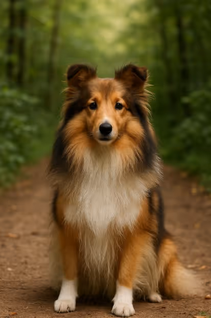 Shetland Sheepdog with a sable and white coat sitting on a dirt trail in a forest, looking calm and alert with soft upright ears.