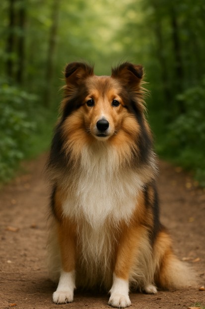 Shetland Sheepdog with a sable and white coat sitting on a dirt trail in a forest, looking calm and alert with soft upright ears.