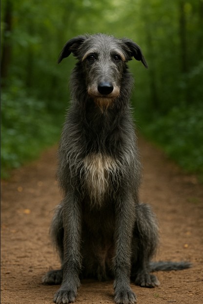 Scottish Deerhound with a wiry gray coat and cream chest sitting on a dirt trail in a forest, looking calm and attentive with a gentle gaze.