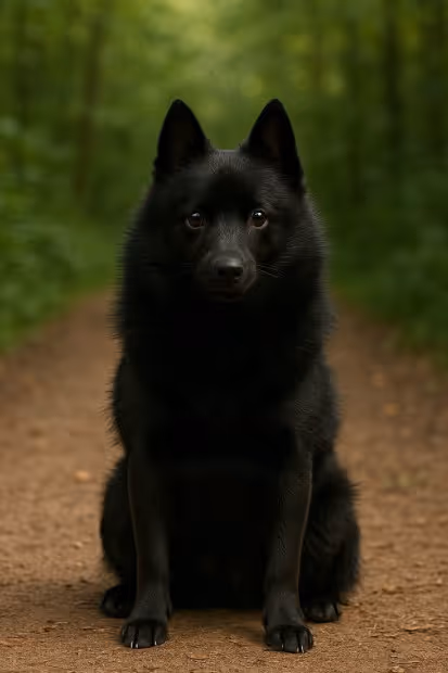 Schipperke with a solid black coat sitting on a dirt trail in a forest, looking alert and curious with upright ears.