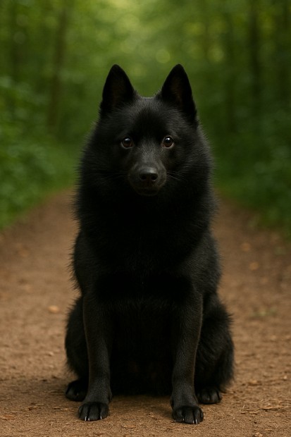 Schipperke with a solid black coat sitting on a dirt trail in a forest, looking alert and curious with upright ears.