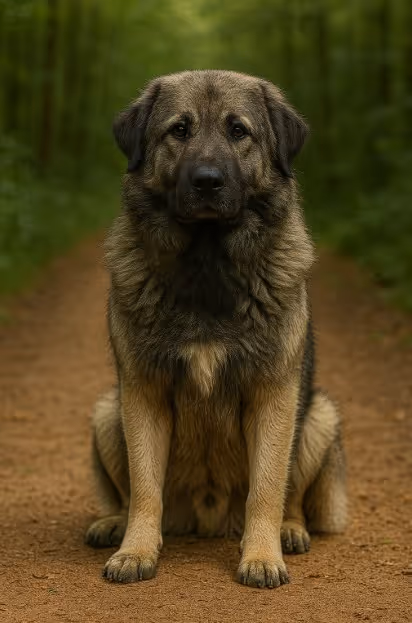 Sarplaninac with a thick gray and tan coat sitting on a dirt trail in a forest, looking calm and watchful with a steady gaze.