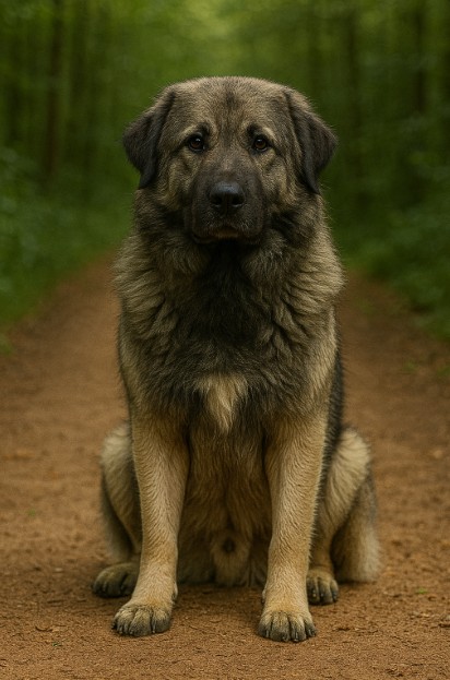 Sarplaninac with a thick gray and tan coat sitting on a dirt trail in a forest, looking calm and watchful with a steady gaze.