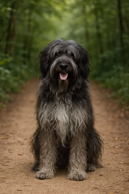 Schapendoes with a long, shaggy black and gray coat sitting on a dirt trail in a forest, looking friendly with its tongue out.