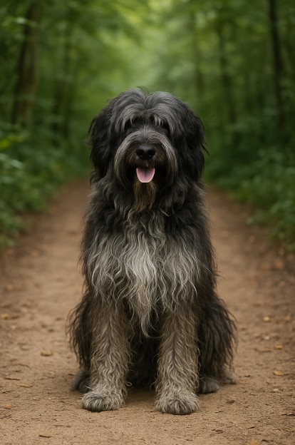 Schapendoes with a long, shaggy black and gray coat sitting on a dirt trail in a forest, looking friendly with its tongue out.