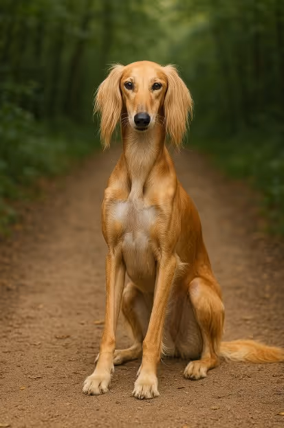 Saluki with a silky golden coat sitting gracefully on a dirt trail in a forest, looking elegant and alert with long feathered ears.
