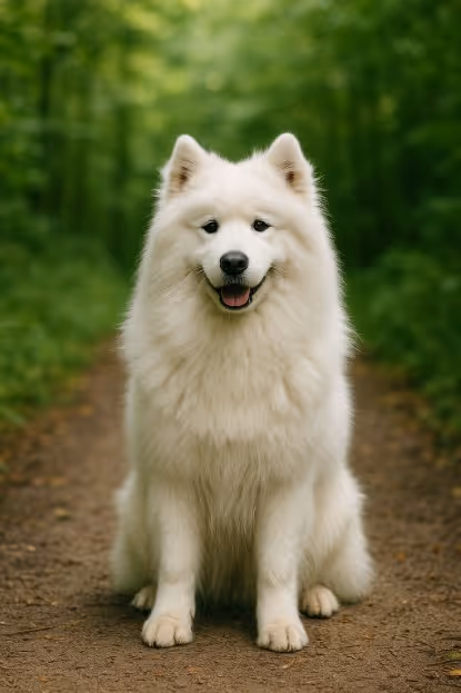 Samoyed with a thick, fluffy white coat sitting on a dirt trail in a forest, looking happy and friendly with a gentle smile.
