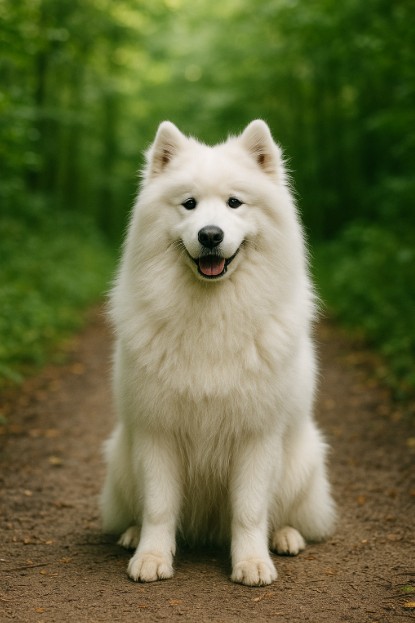 Samoyed with a thick, fluffy white coat sitting on a dirt trail in a forest, looking happy and friendly with a gentle smile.