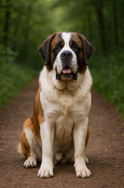 Saint Bernard with a thick white and brown coat sitting on a dirt trail in a forest, looking gentle and calm with a relaxed expression.