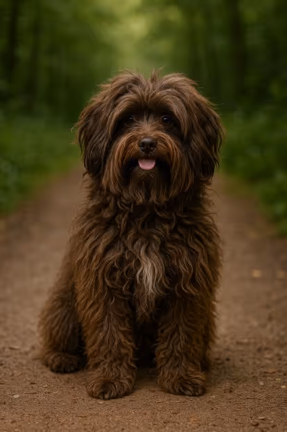 Russian Tsvetnaya Bolonka with a long, wavy chocolate-brown coat sitting on a dirt trail in a forest, looking friendly with its tongue out.