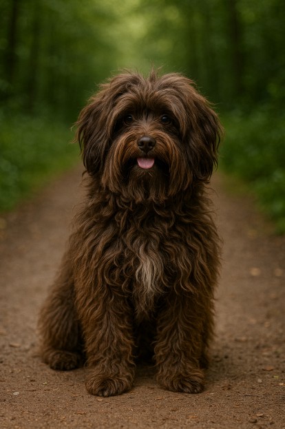 Russian Tsvetnaya Bolonka with a long, wavy chocolate-brown coat sitting on a dirt trail in a forest, looking friendly with its tongue out.