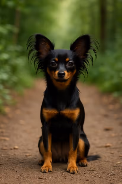 Russian Toy with a sleek black and tan coat sitting on a dirt trail in a forest, looking alert with large, feathered ears.
