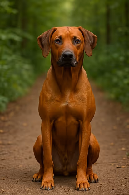 Rhodesian Ridgeback with a reddish-brown coat sitting on a dirt trail in a forest, looking alert and strong with a distinctive ridge of hair on its back.