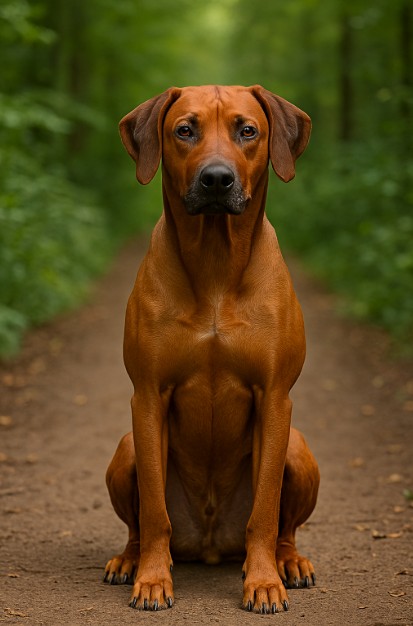 Rhodesian Ridgeback with a reddish-brown coat sitting on a dirt trail in a forest, looking alert and strong with a distinctive ridge of hair on its back.